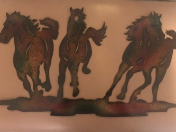 Three Horse Bronze Coated Metal Wall Hanging, 10"L x 12"H