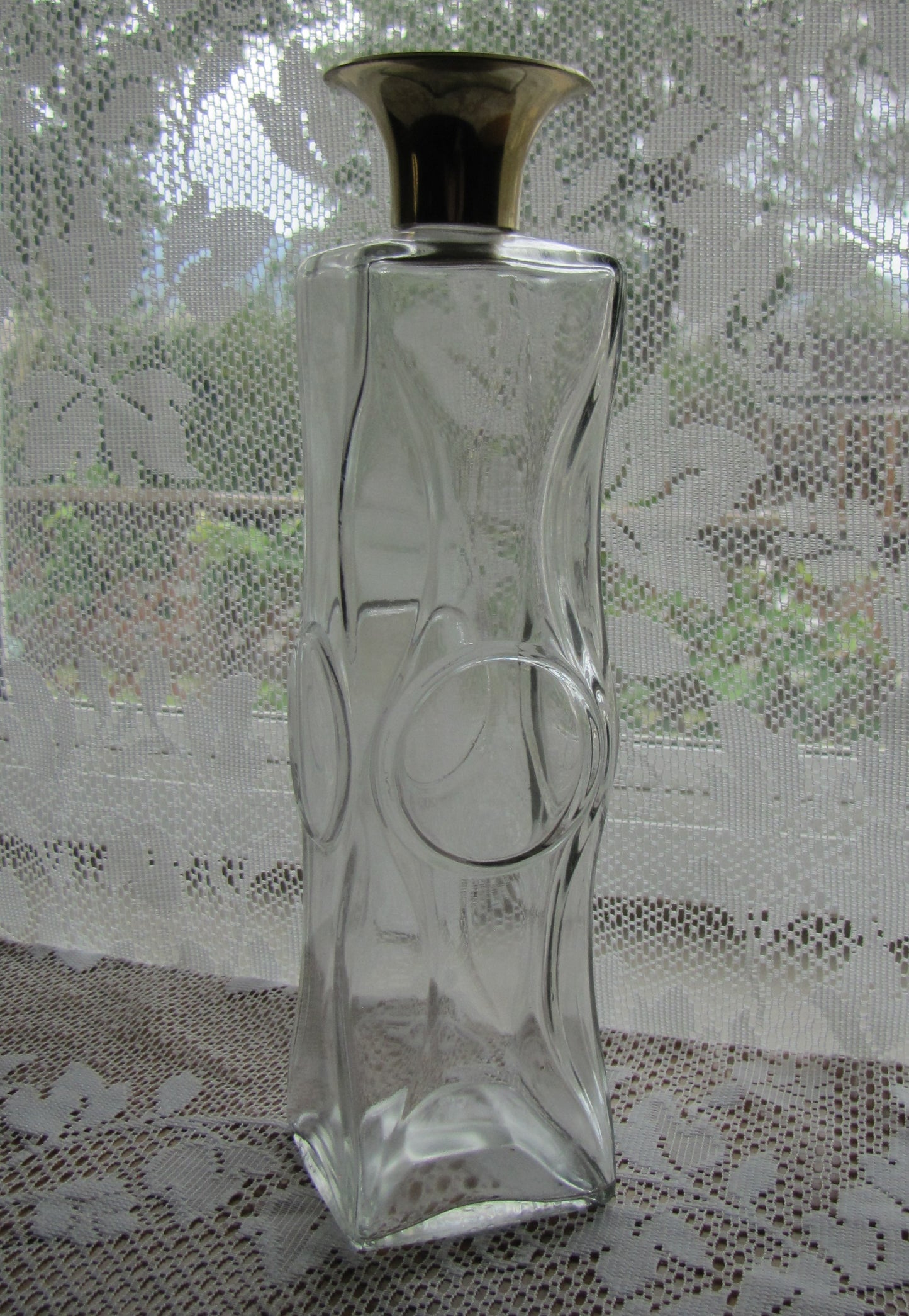 Vintage Liquor Bottle; Neat Clear Glass with Gold Cap, 11"T x 2.5"W, Used