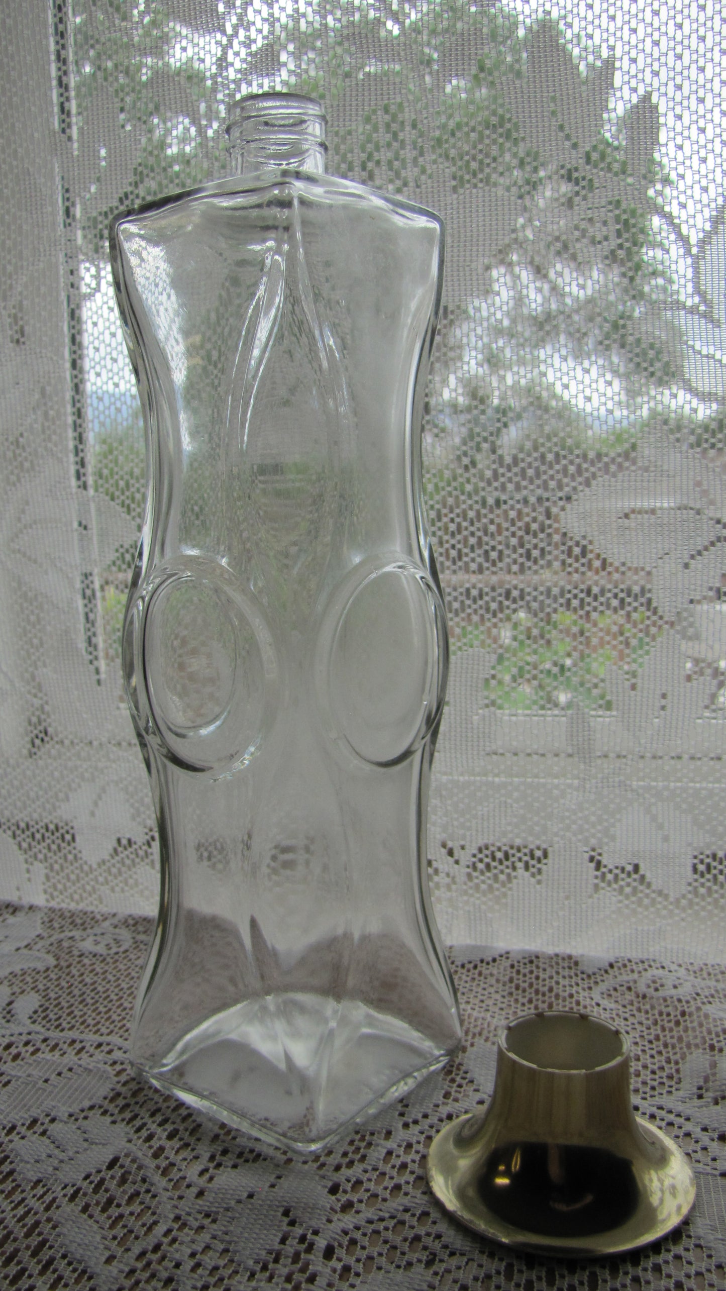 Vintage Liquor Bottle; Neat Clear Glass with Gold Cap, 11"T x 2.5"W, Used