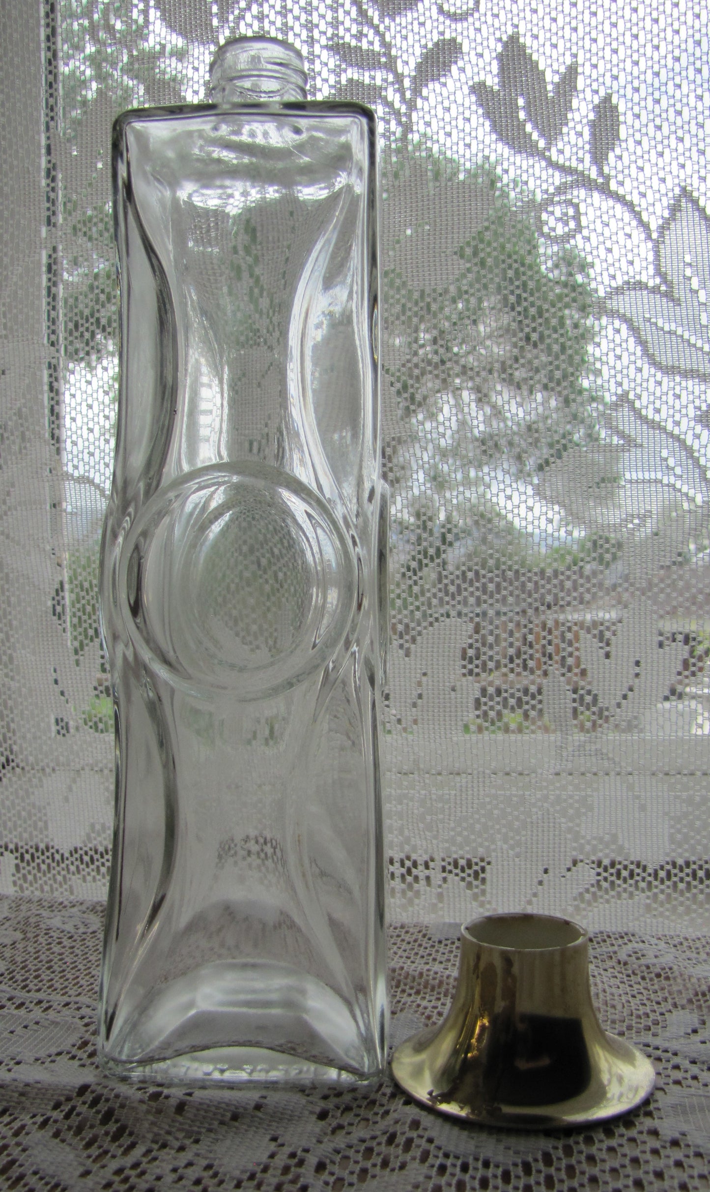 Vintage Liquor Bottle; Neat Clear Glass with Gold Cap, 11"T x 2.5"W, Used