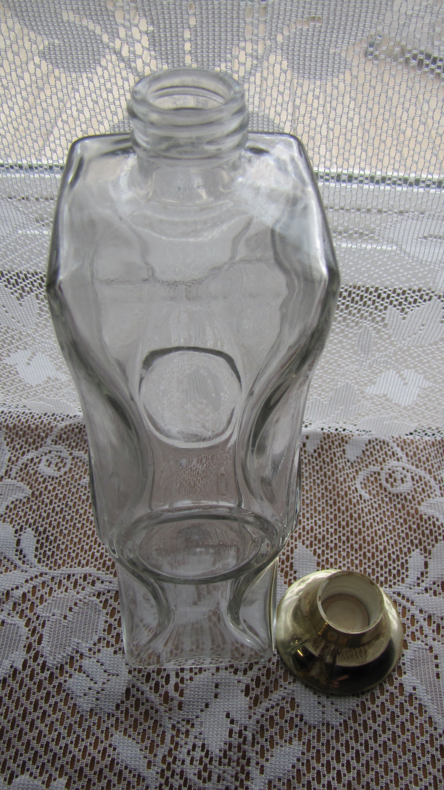 Vintage Liquor Bottle; Neat Clear Glass with Gold Cap, 11"T x 2.5"W, Used