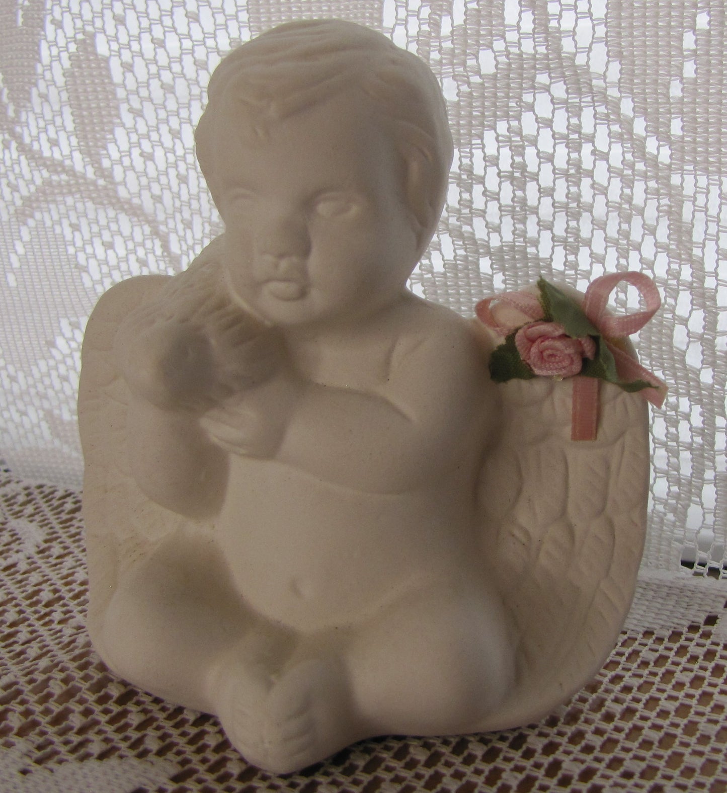 Angel; Ceramic Sitting Cherub Holding Bird on Shoulder (with Matte Finish) 4"T x 4"W, Used , Excellent Condition