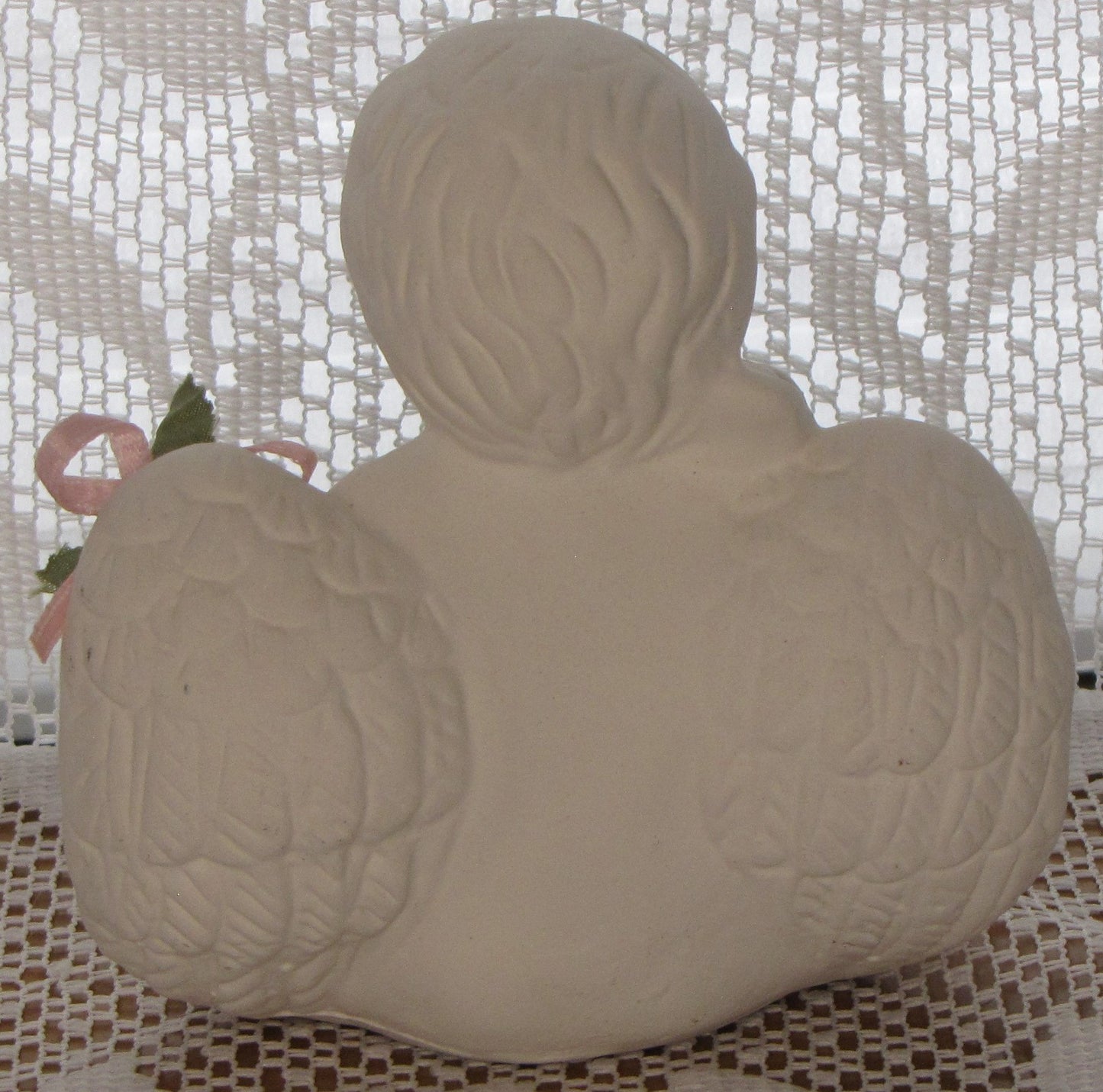 Angel; Ceramic Sitting Cherub Holding Bird on Shoulder (with Matte Finish) 4"T x 4"W, Used , Excellent Condition