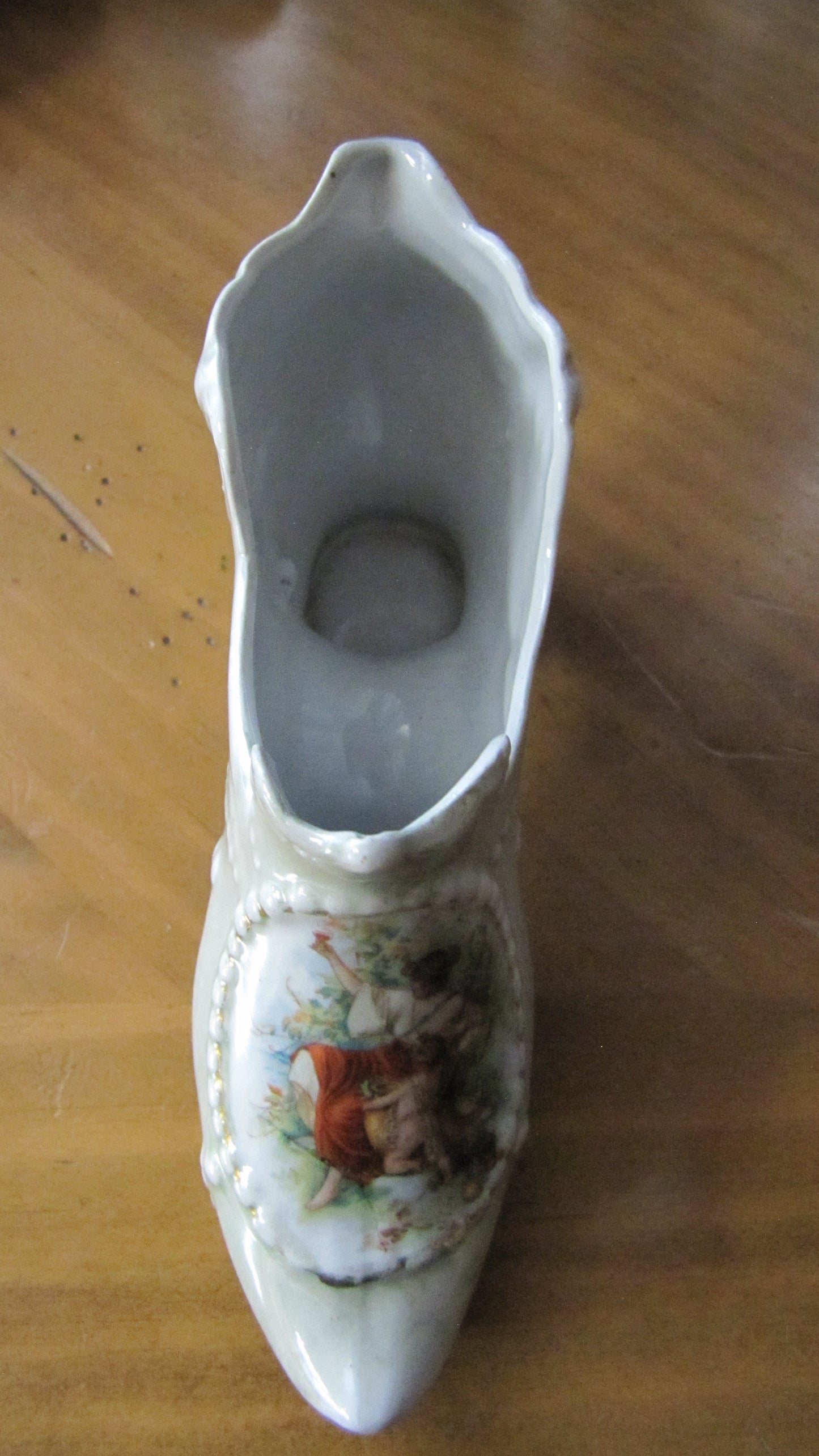 Vintage Porcelain Shoe with Woman and Child in Garden, Used, Good Condition