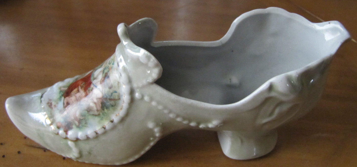 Vintage Porcelain Shoe with Woman and Child in Garden, Used, Good Condition