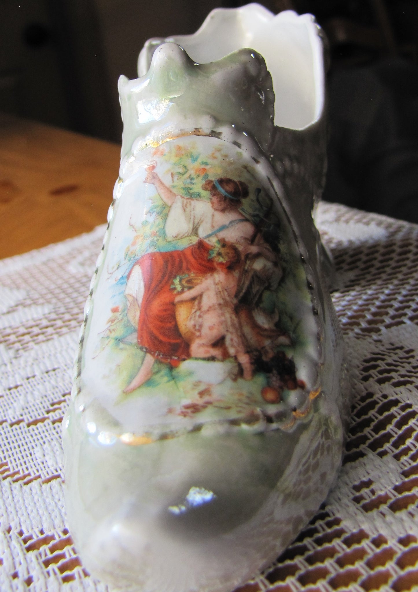 Vintage Porcelain Shoe with Woman and Child in Garden, Used, Good Condition