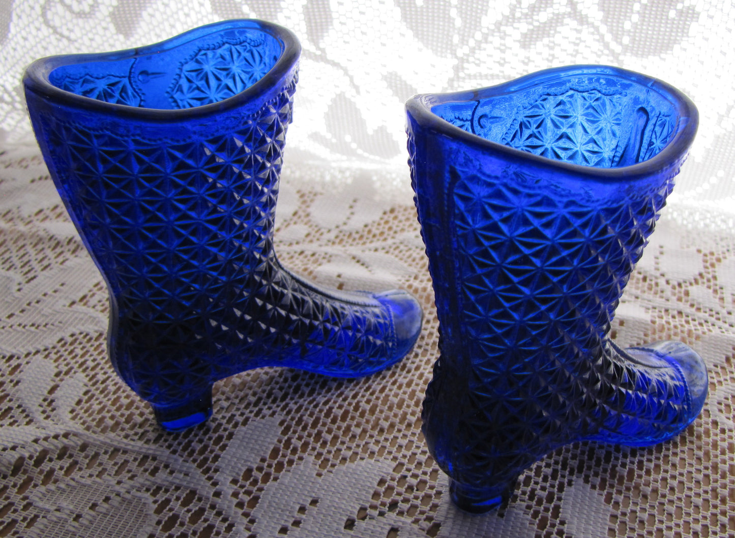 Vintage; Cobalt Blue Shoe Glass Boot Set, High profile, Hand cut, Used, Excellent Condition