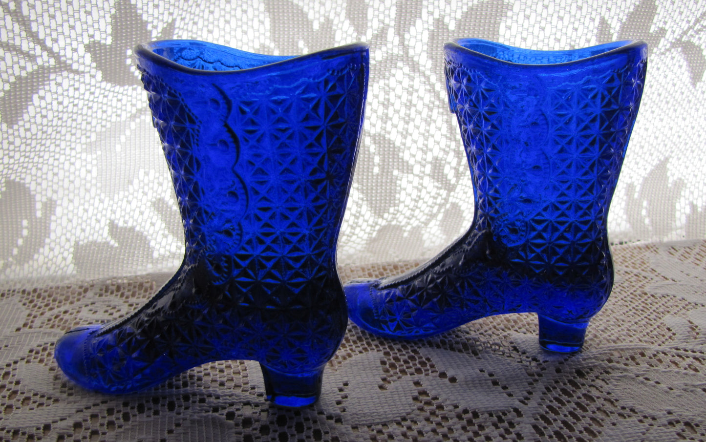 Vintage; Cobalt Blue Shoe Glass Boot Set, High profile, Hand cut, Used, Excellent Condition