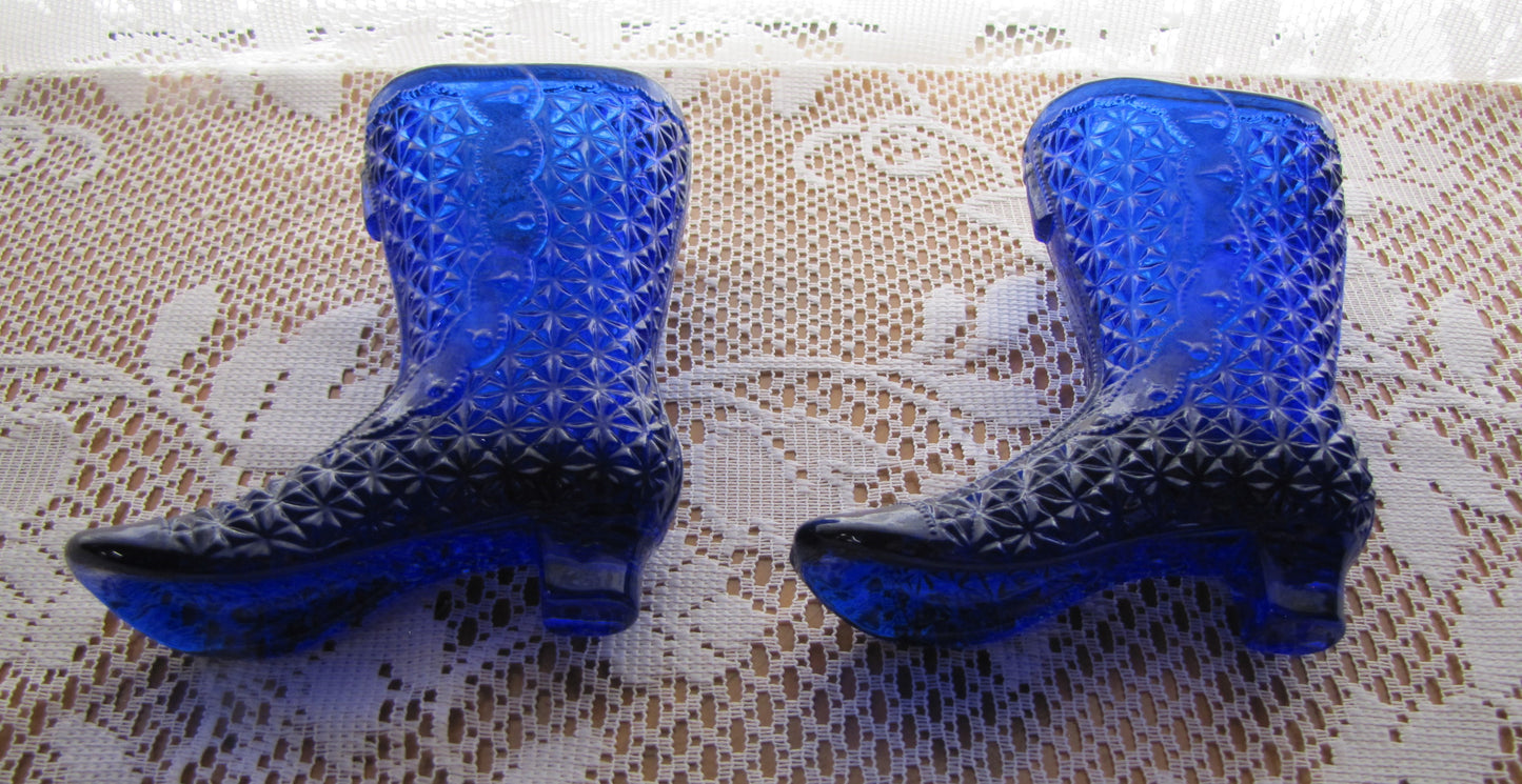 Vintage; Cobalt Blue Shoe Glass Boot Set, High profile, Hand cut, Used, Excellent Condition