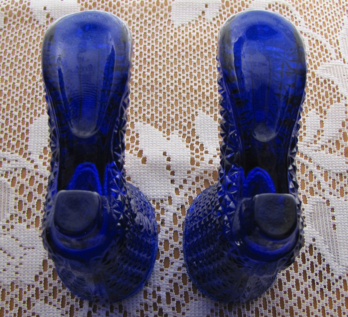 Vintage; Cobalt Blue Shoe Glass Boot Set, High profile, Hand cut, Used, Excellent Condition