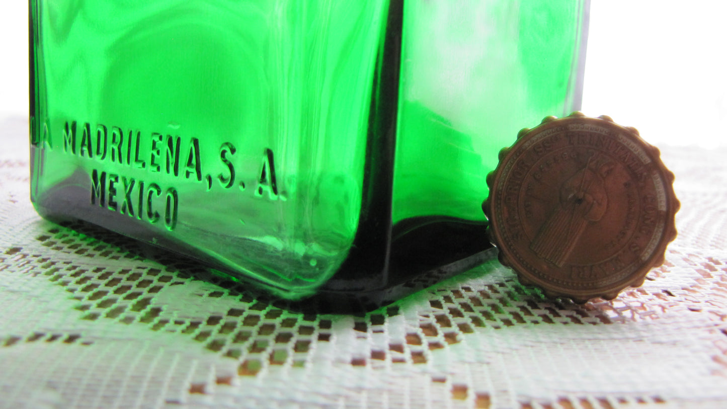 Vintage; Green Tequila bottle with stopper, markings "LA MADRILENA,S.A.  MEXICO"