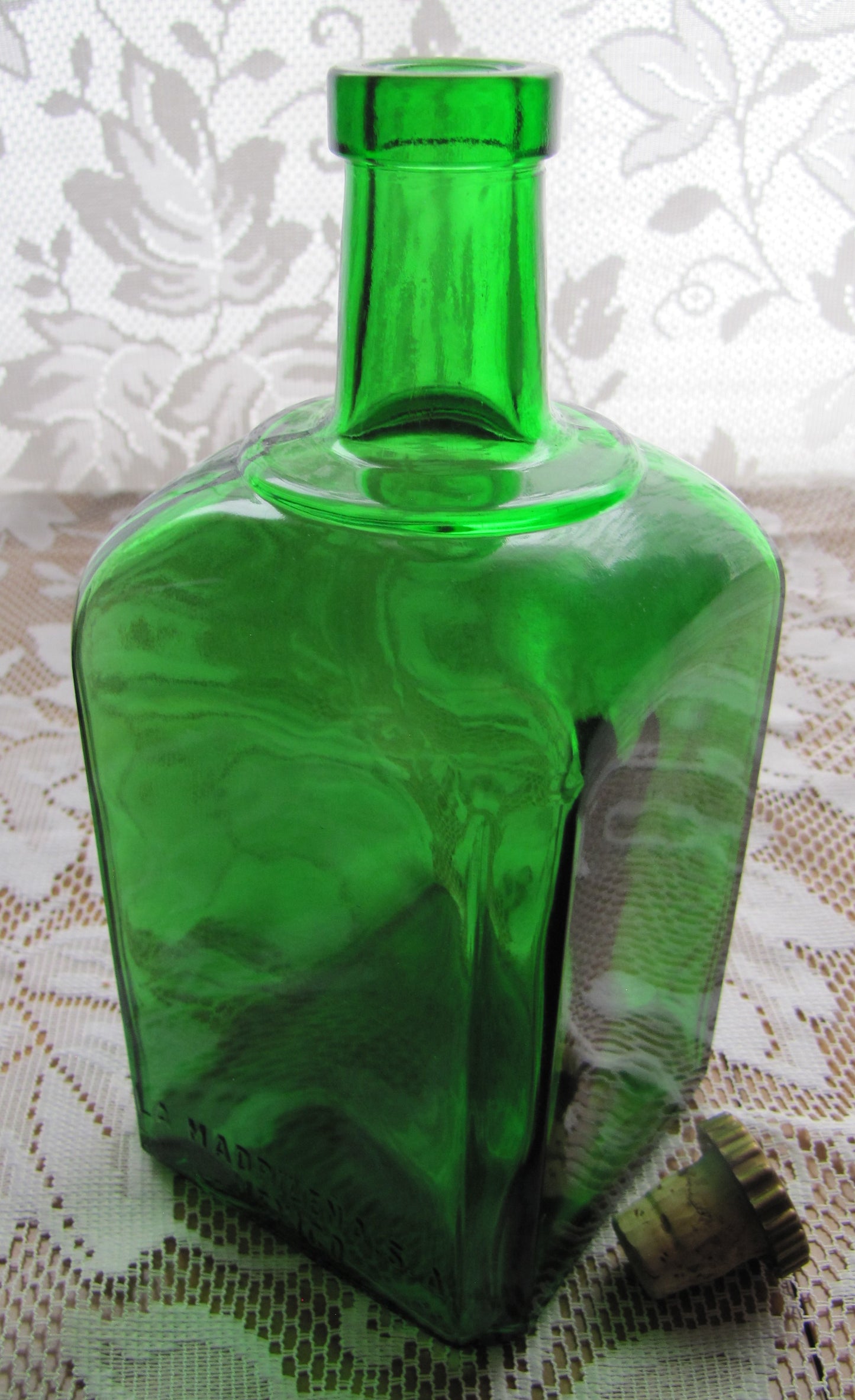 Vintage; Green Tequila bottle with stopper, markings "LA MADRILENA,S.A.  MEXICO"