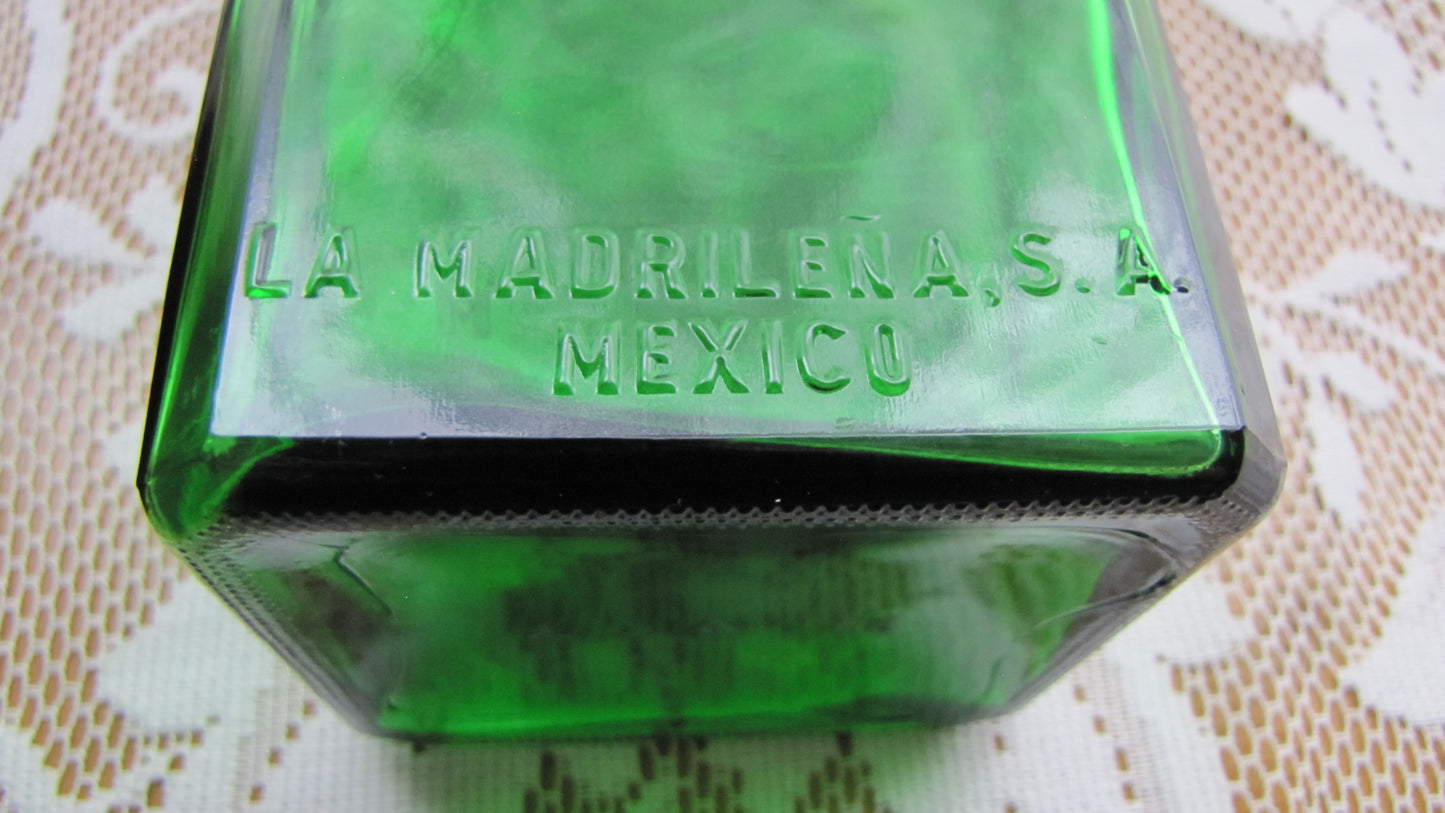 Vintage; Green Tequila bottle with stopper, markings "LA MADRILENA,S.A.  MEXICO"