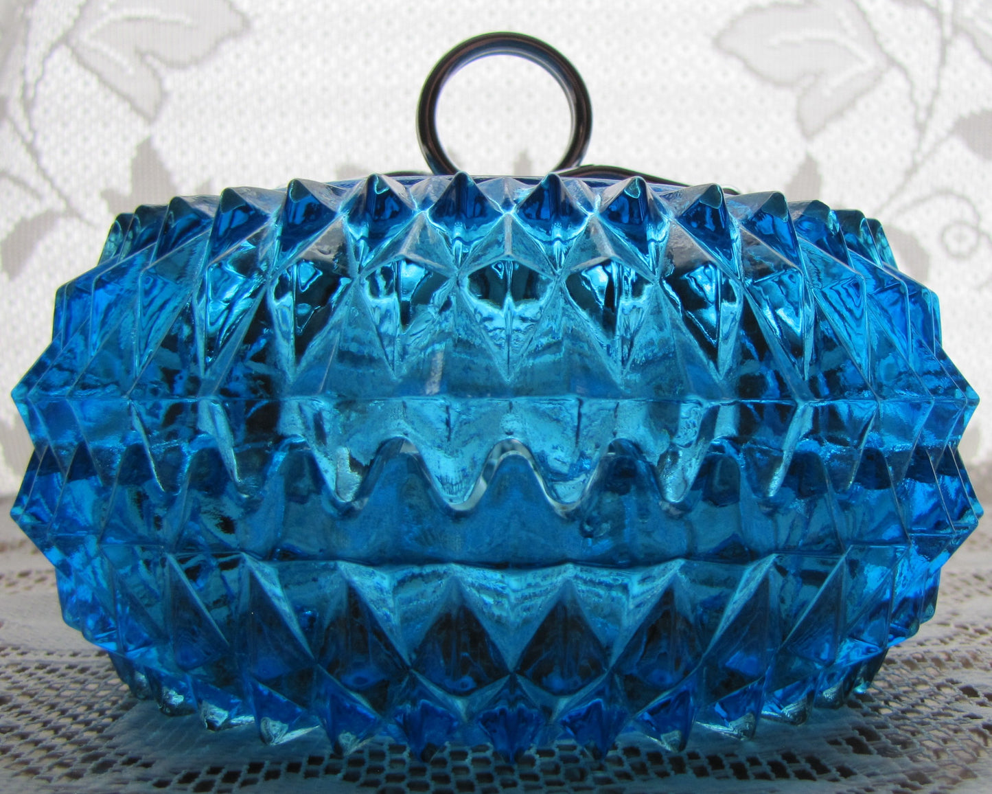 Indiana Diamond Point Blue Glass Candy/Powder Dish with Lid, Used, Excellent Condition