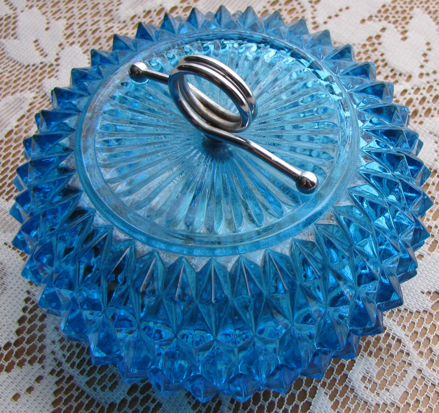 Indiana Diamond Point Blue Glass Candy/Powder Dish with Lid, Used, Excellent Condition