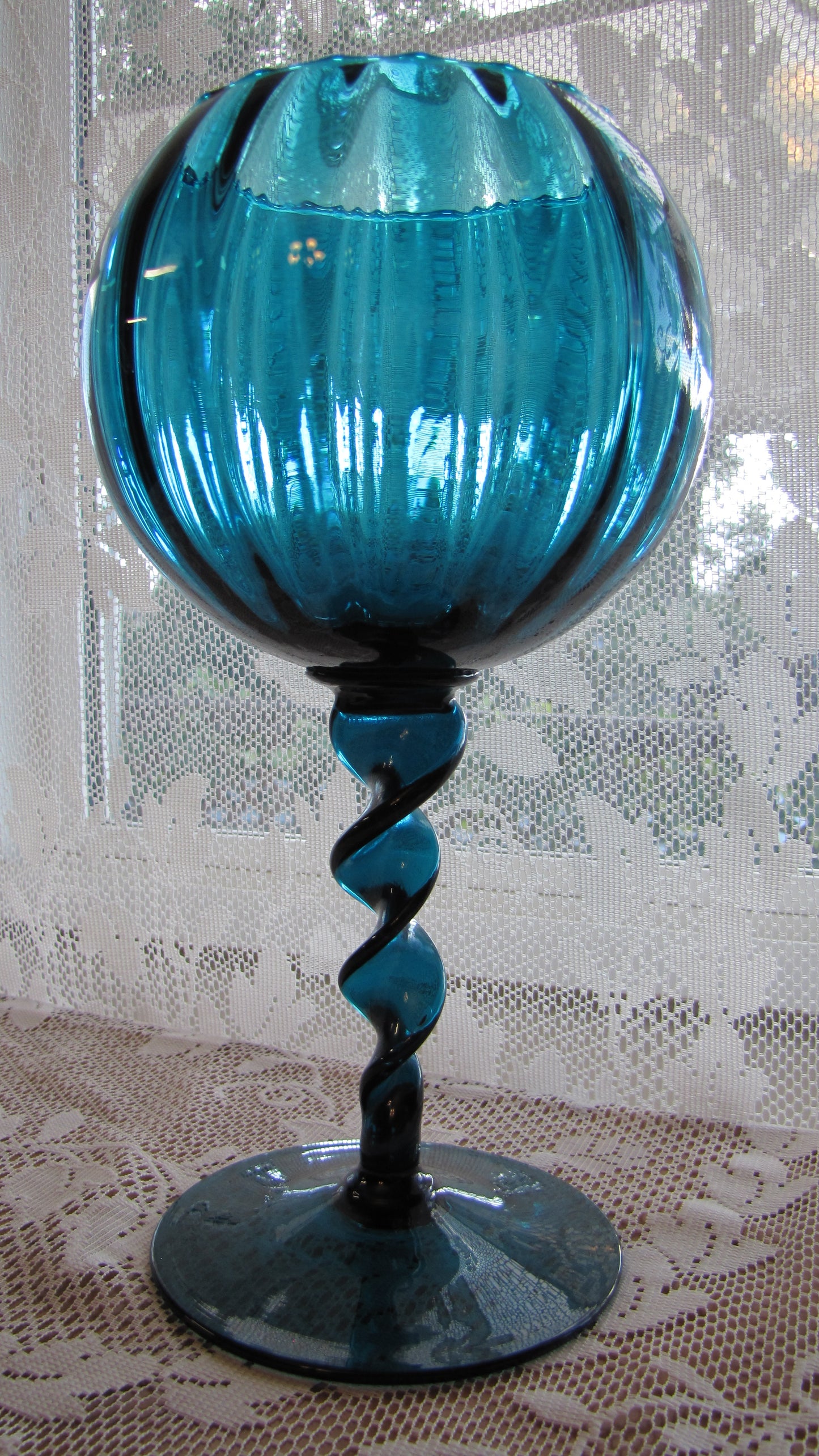 Large Art Glass Emboli Mid Century Aqua Blue Compote Bowl 12" Tall Italy, Used, Antique, Excellent Condition