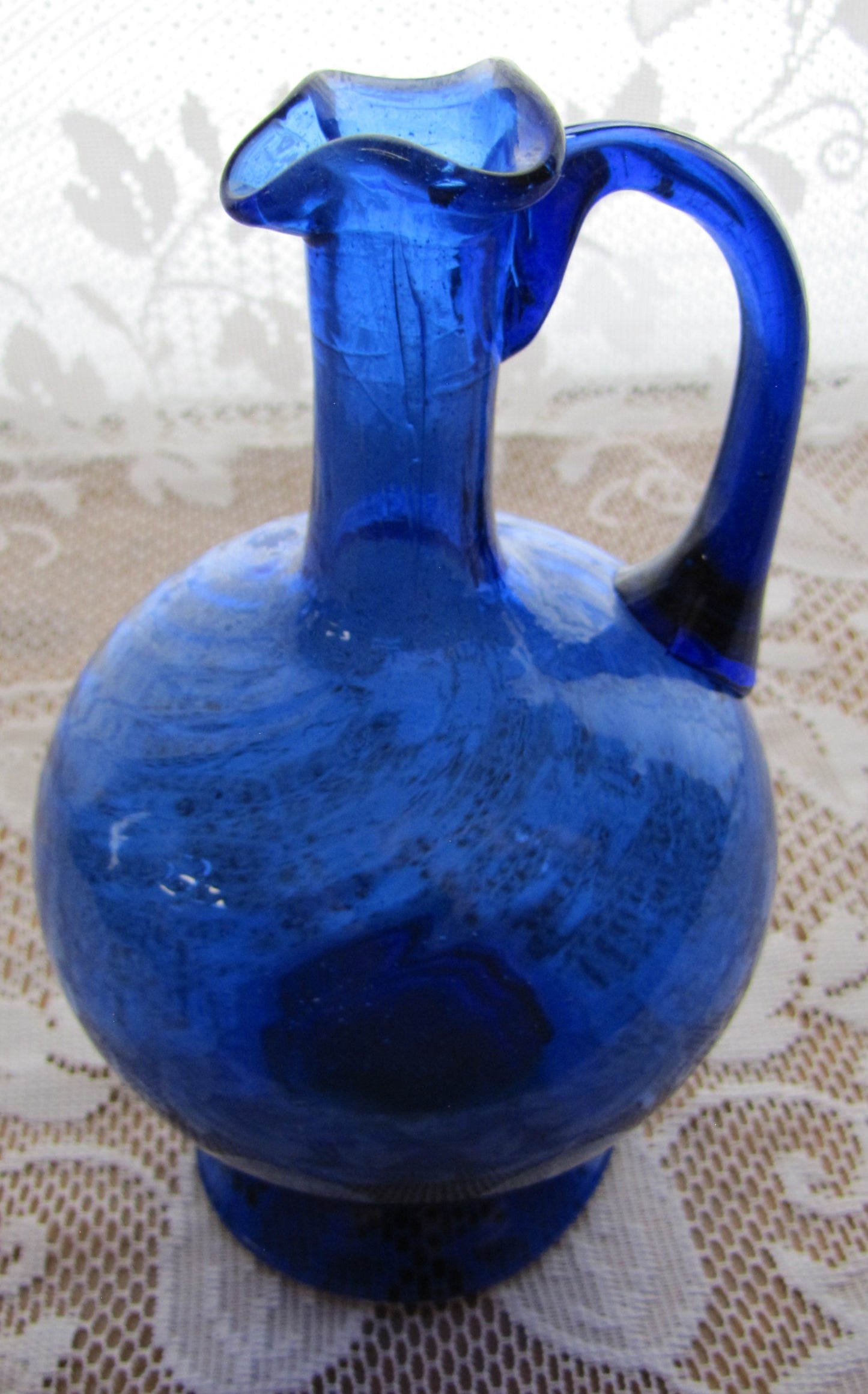 Antique; 8" Pilgrim Cobalt Blue Pitcher, Hand Spun, Swirl Design, Used, Excellent Condition