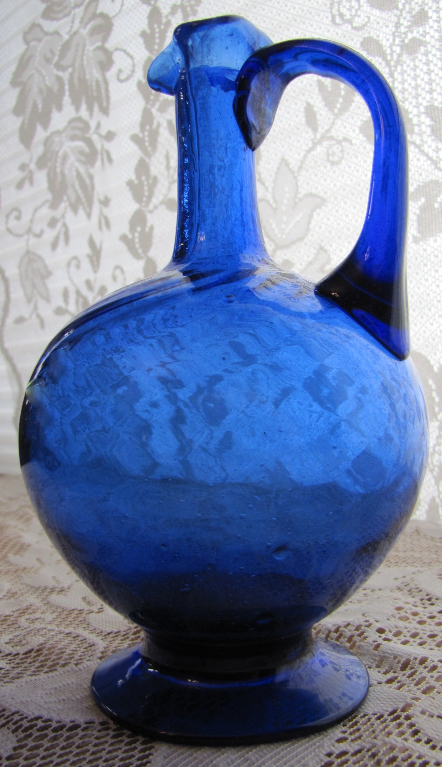 Antique; 8" Pilgrim Cobalt Blue Pitcher, Hand Spun, Swirl Design, Used, Excellent Condition