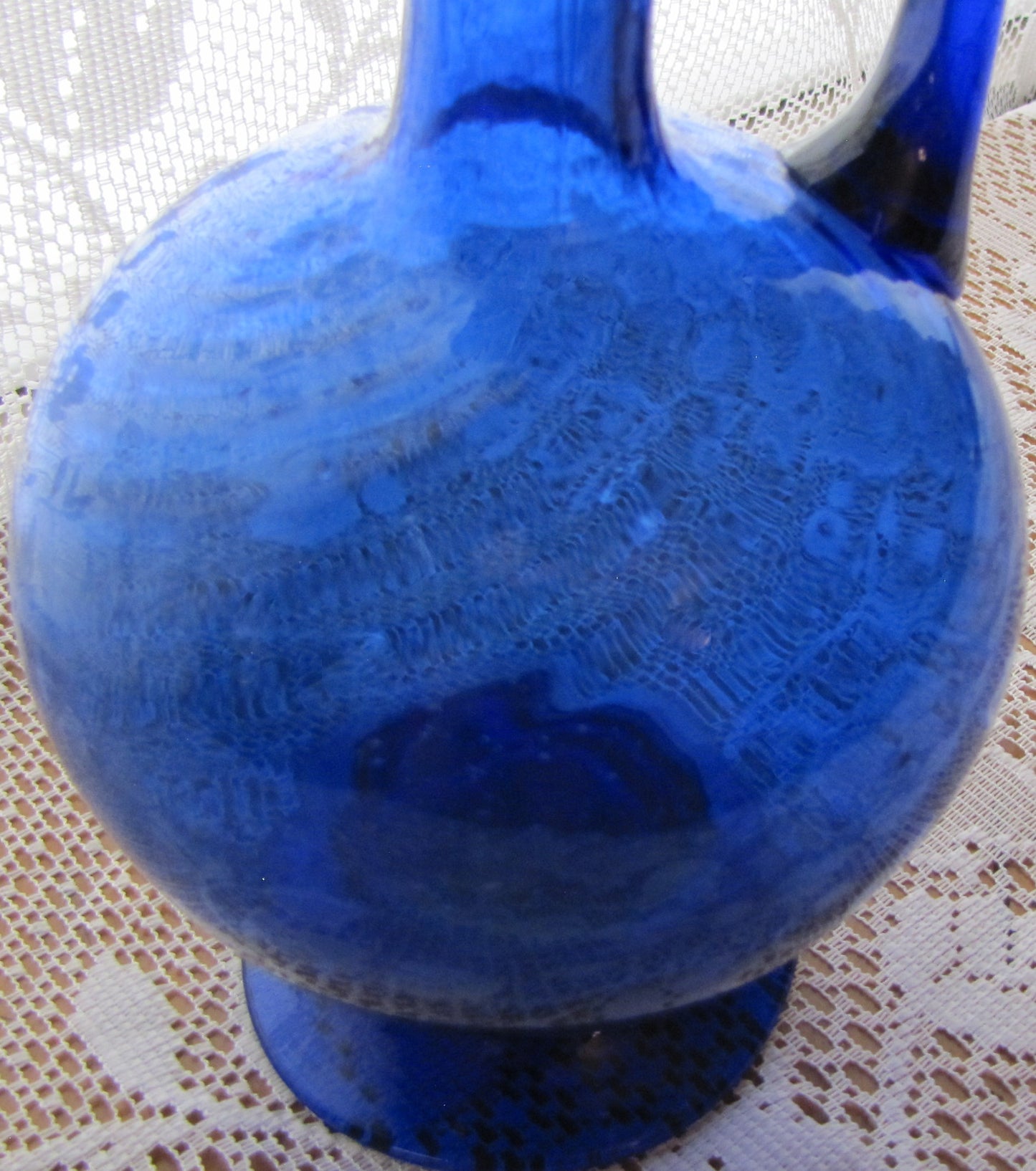 Antique; 8" Pilgrim Cobalt Blue Pitcher, Hand Spun, Swirl Design, Used, Excellent Condition