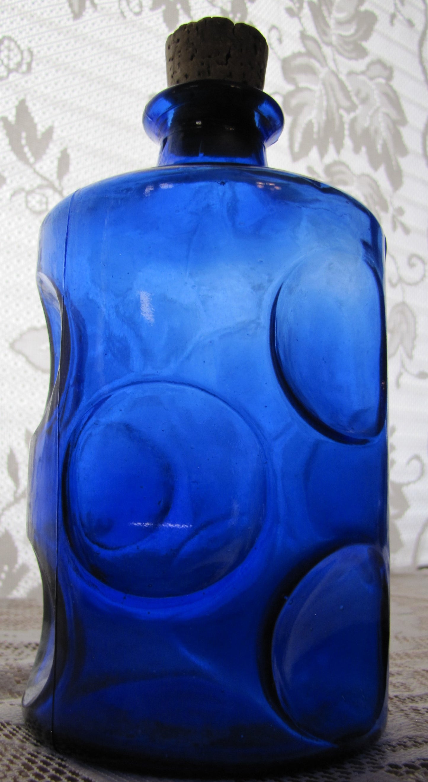 Vintage Thumbprint Bottle, in Cobalt Blue Glass with Cork 7"H x 3 7/8" W (Rare Find) Antique