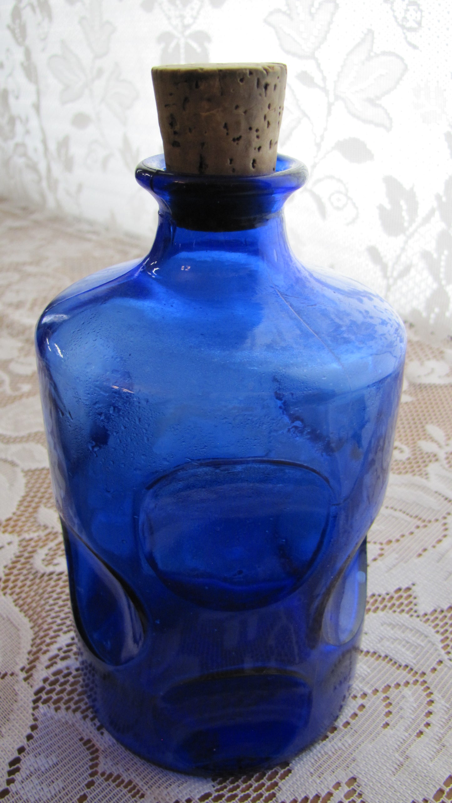 Vintage Thumbprint Bottle, in Cobalt Blue Glass with Cork 7"H x 3 7/8" W (Rare Find) Antique