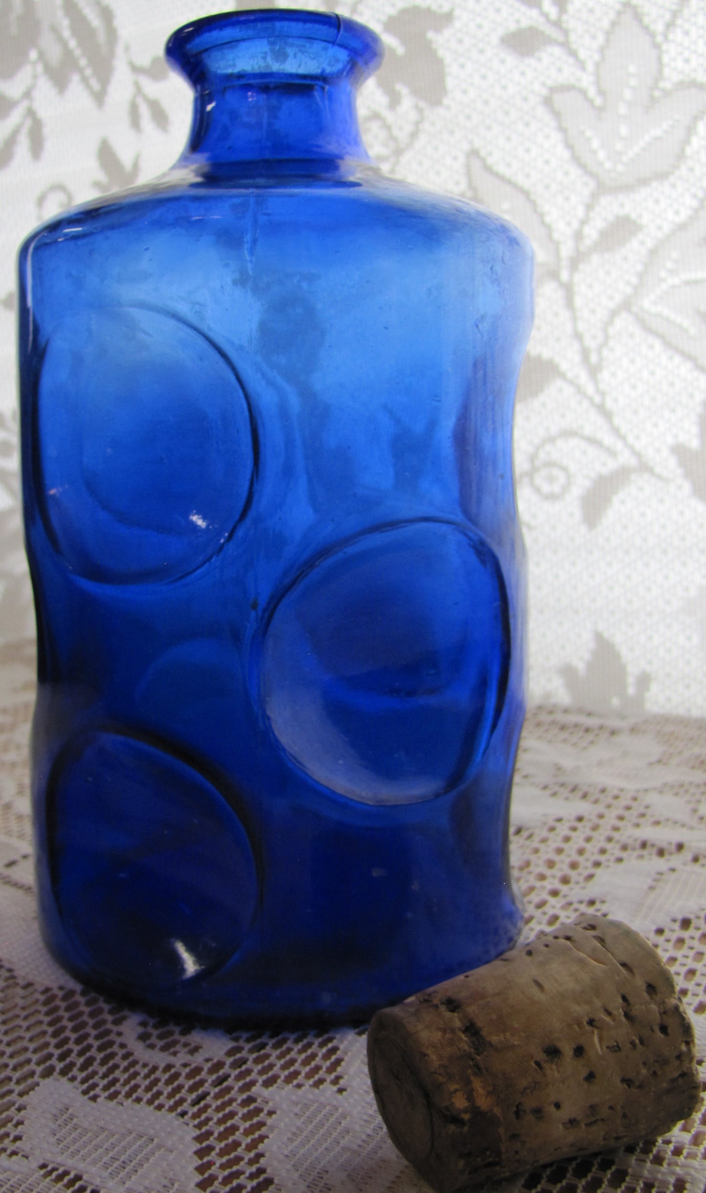 Vintage Thumbprint Bottle, in Cobalt Blue Glass with Cork 7"H x 3 7/8" W (Rare Find) Antique