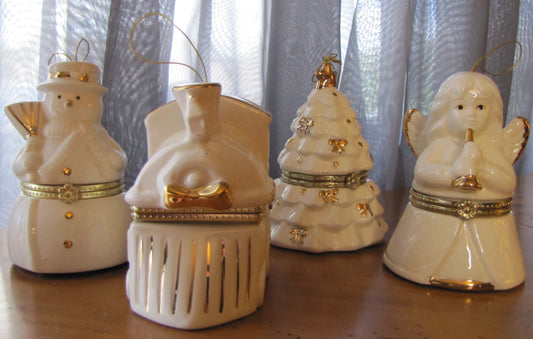 2010 Mr Christmas Gold Edition Porcelain Music Box Set of 4, Tree, Snowman, Angel, Train.  Batch 6447, white with gold trim and box.