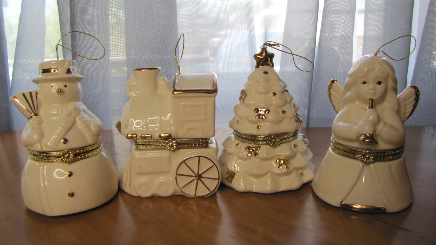 2010 Mr Christmas Gold Edition Porcelain Music Box Set of 4, Tree, Snowman, Angel, Train.  Batch 6447, white with gold trim and box.