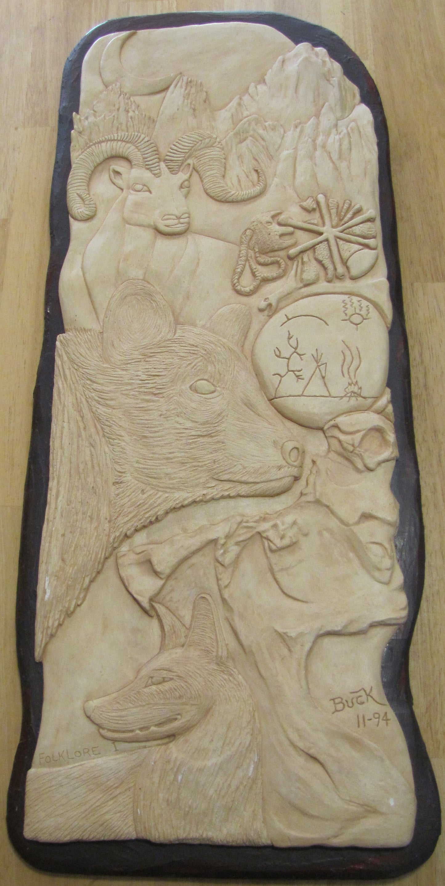 Art: Plaster on Wood "Folklore I" by "Buck" signed 11-94