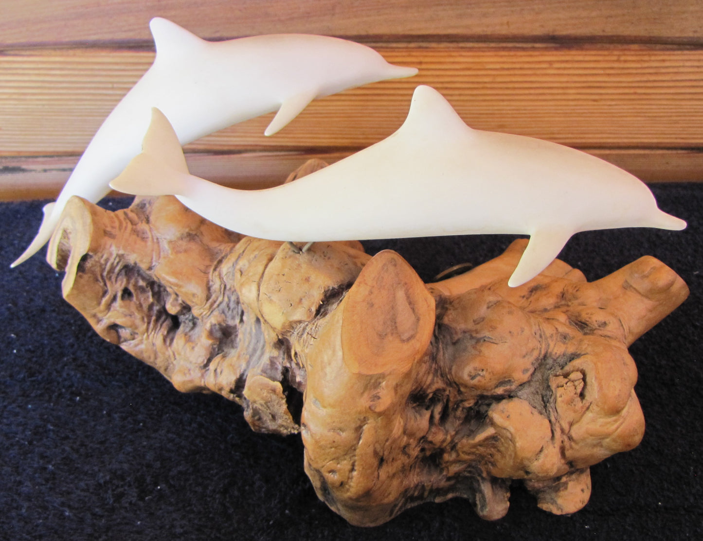 John Perry White 2 Dolphins on Burl Wood