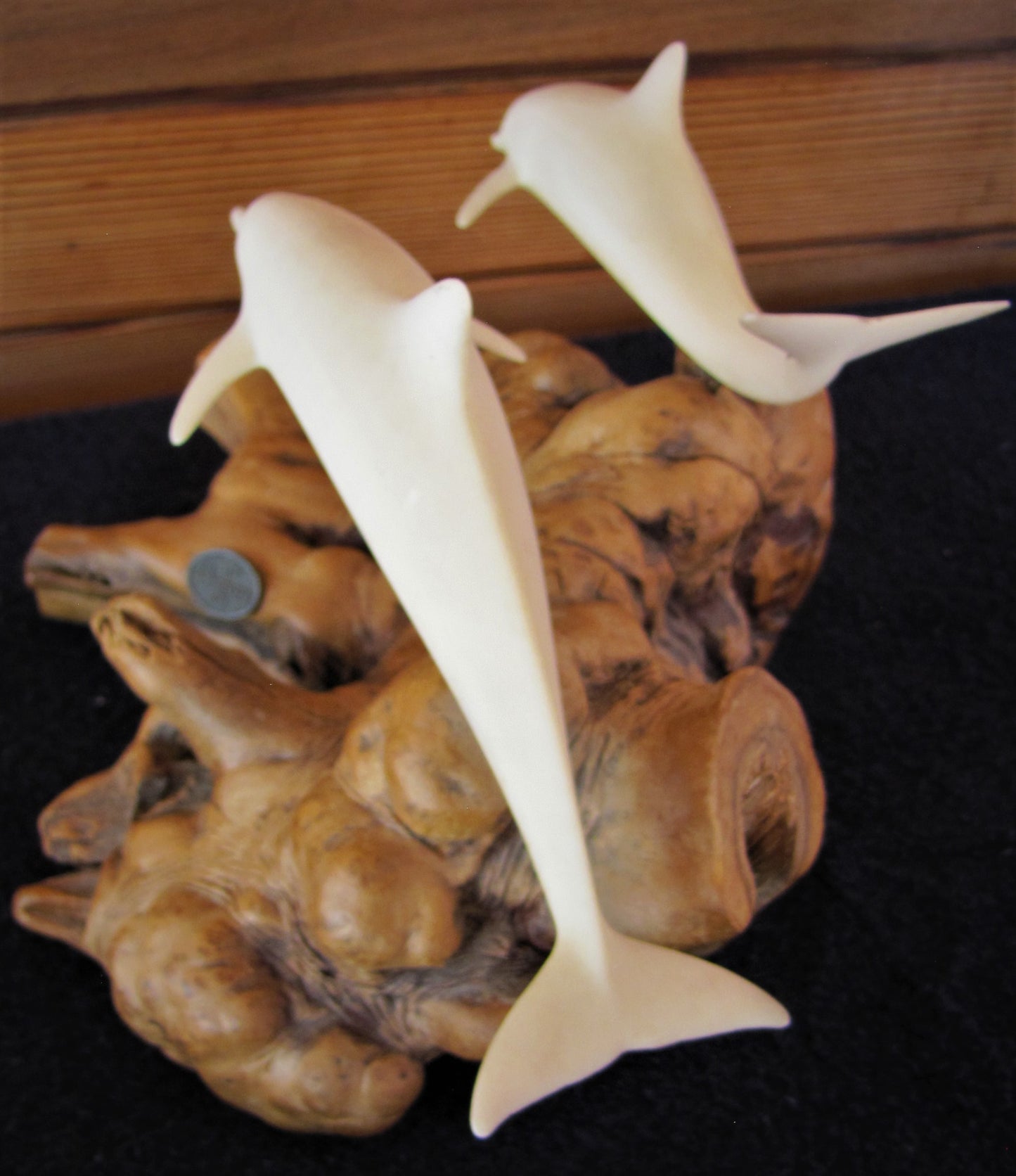 John Perry White 2 Dolphins on Burl Wood