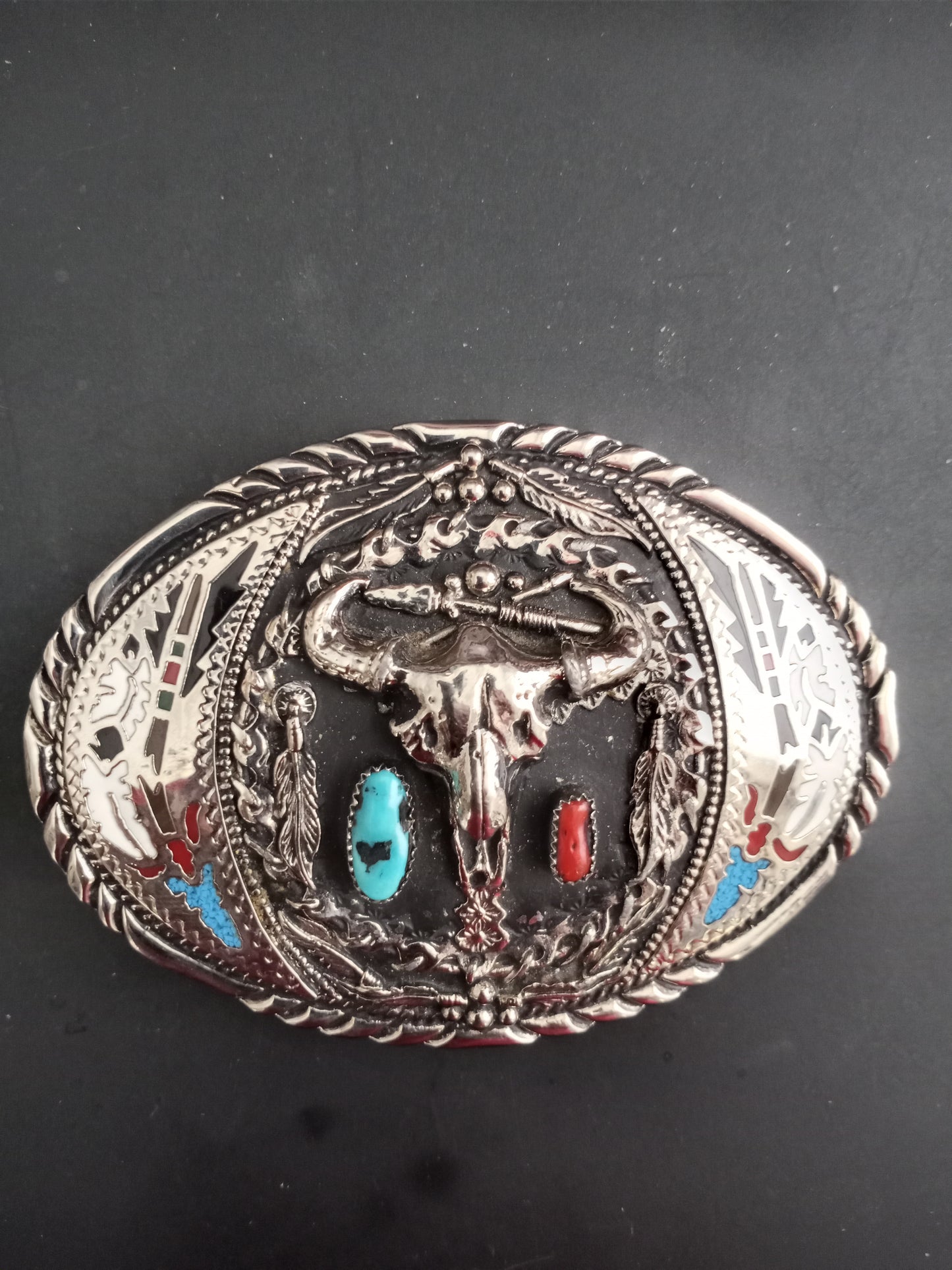 Vintage; Native American Belt Buckle, Bullhead Skull polished Silver Chrome Plated, by Hand Crafted Company USA #881