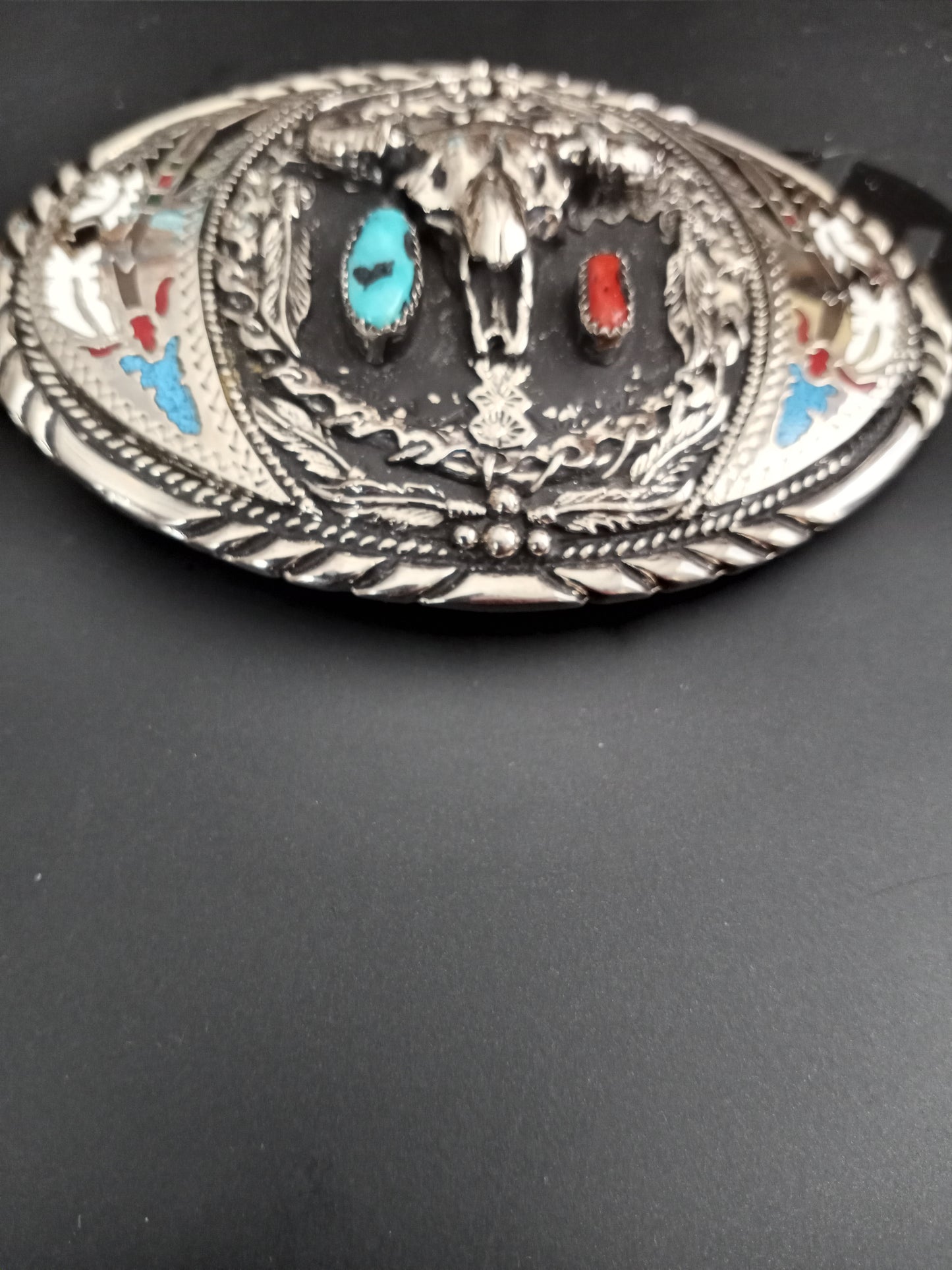 Vintage; Native American Belt Buckle, Bullhead Skull polished Silver Chrome Plated, by Hand Crafted Company USA #881