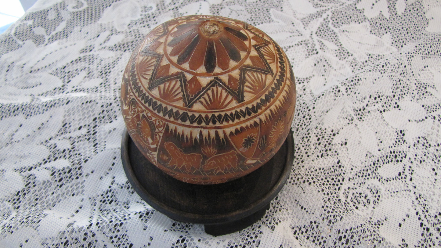 Antique; Peruvian Hand Carved Gourd, with stand