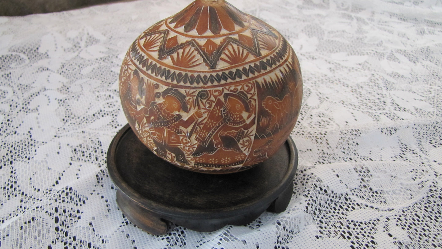 Antique; Peruvian Hand Carved Gourd, with stand