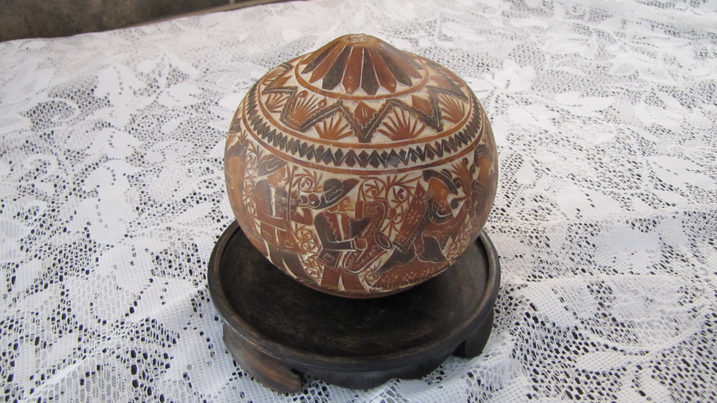 Antique; Peruvian Hand Carved Gourd, with stand