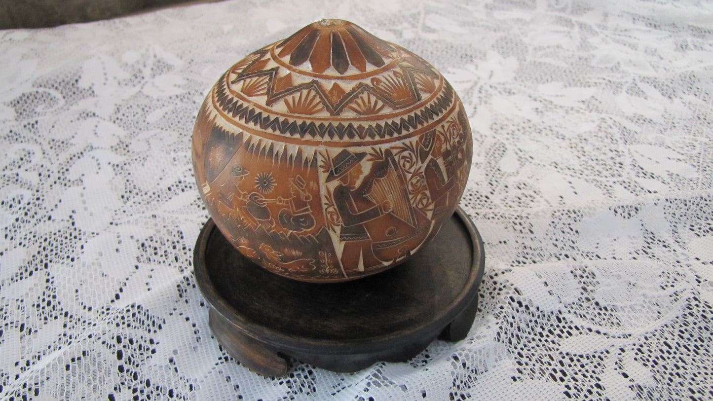 Antique; Peruvian Hand Carved Gourd, with stand