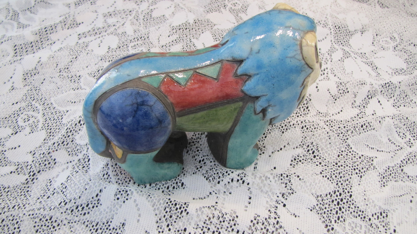 Vintage; Handcrafted Raku Fired Clay Lion, made in South Africa