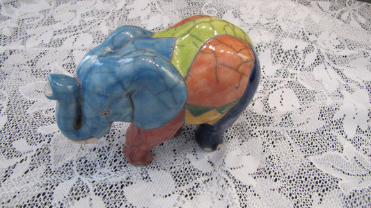 Vintage; Handcrafted Raku Fired Clay Elephant, made in South Africa