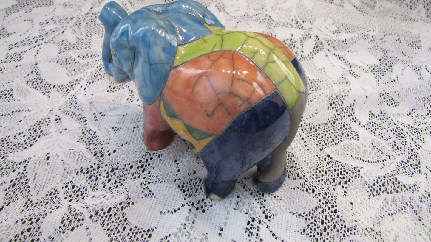 Vintage; Handcrafted Raku Fired Clay Elephant, made in South Africa