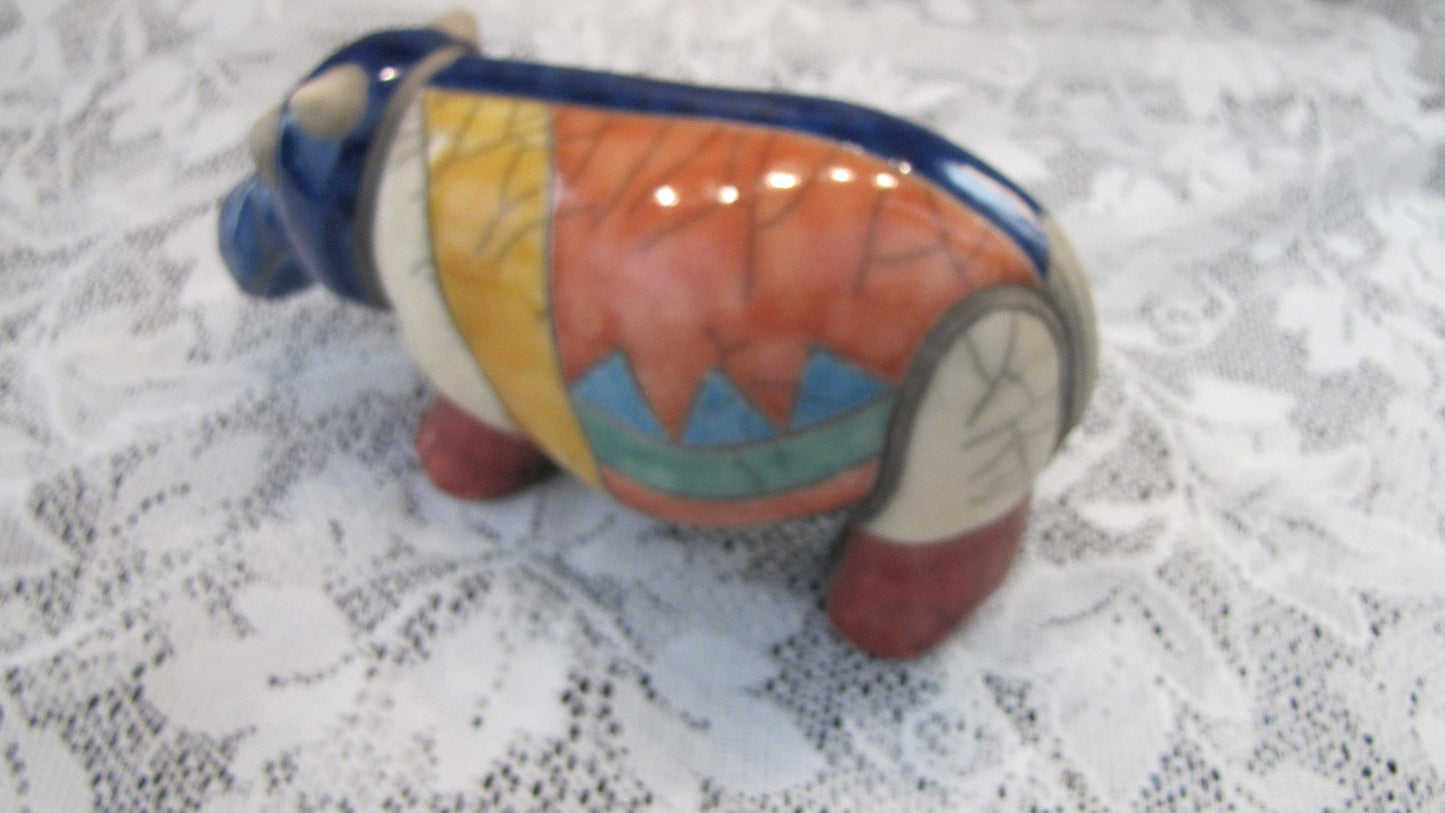 Vintage; Handcrafted Raku Fired Clay Hippo, made in South Africa