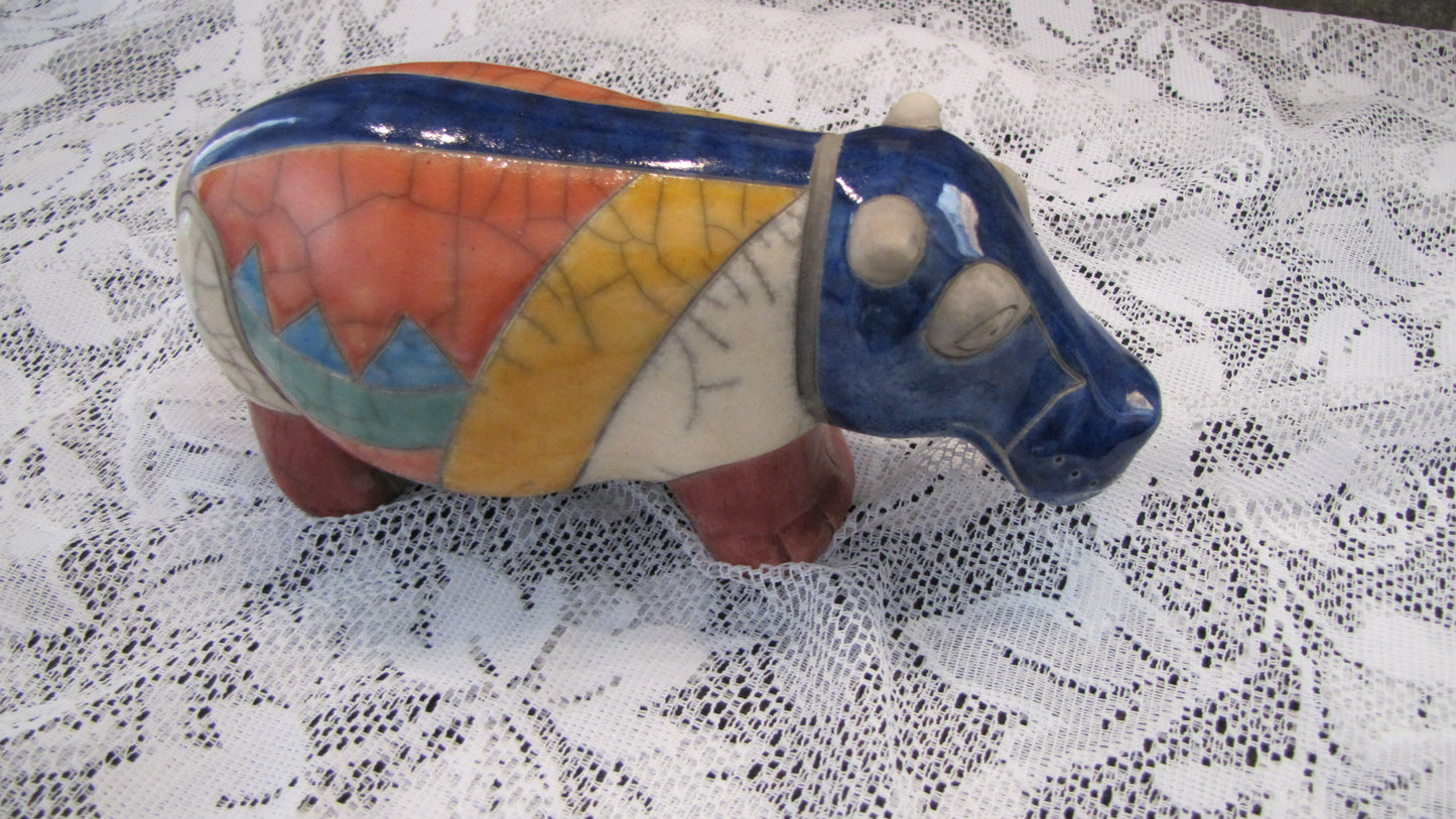 Vintage; Handcrafted Raku Fired Clay Hippo, made in South Africa