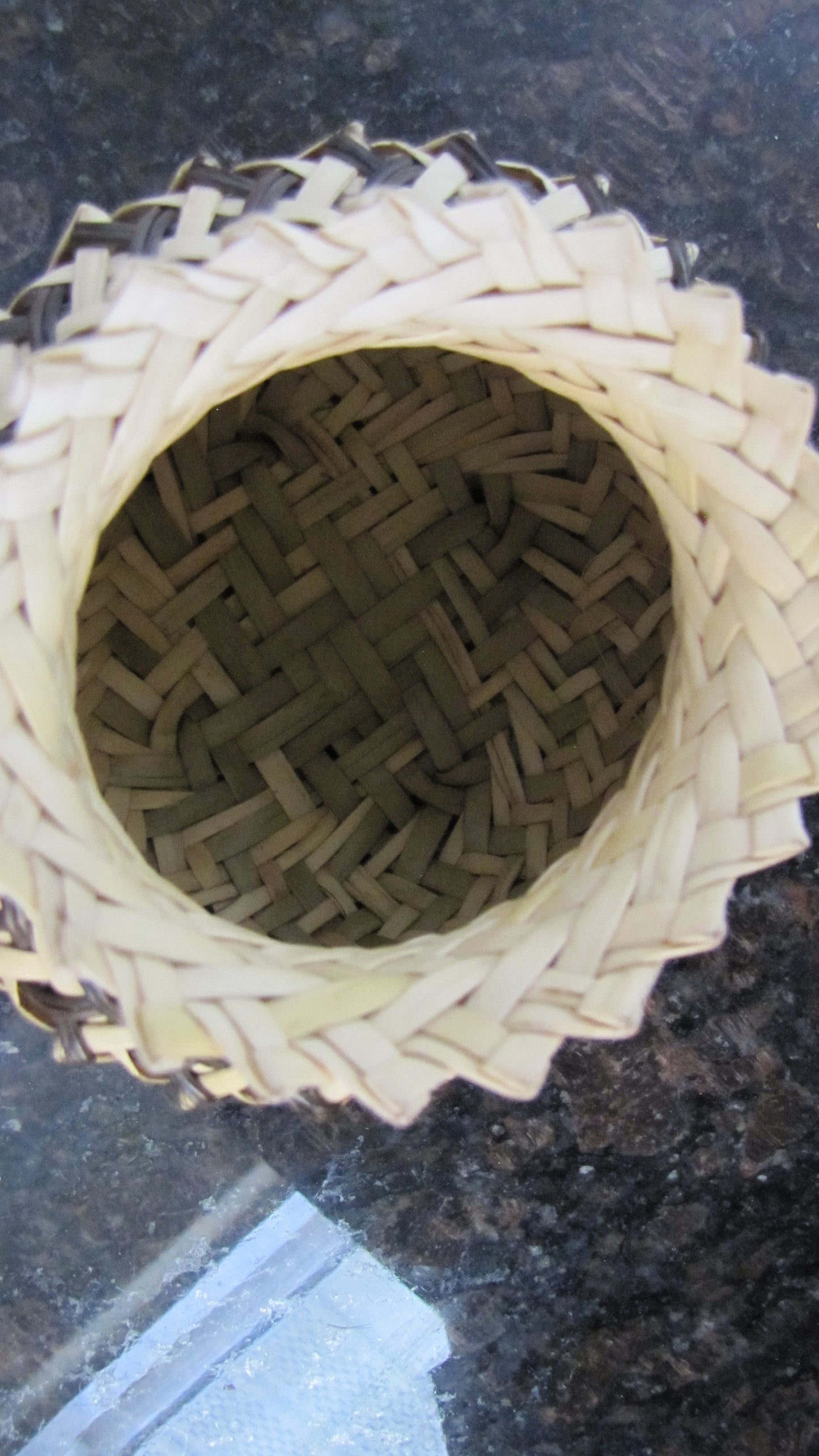 Vintage; Hand Weaved basket, origin unknown, brown and tan design