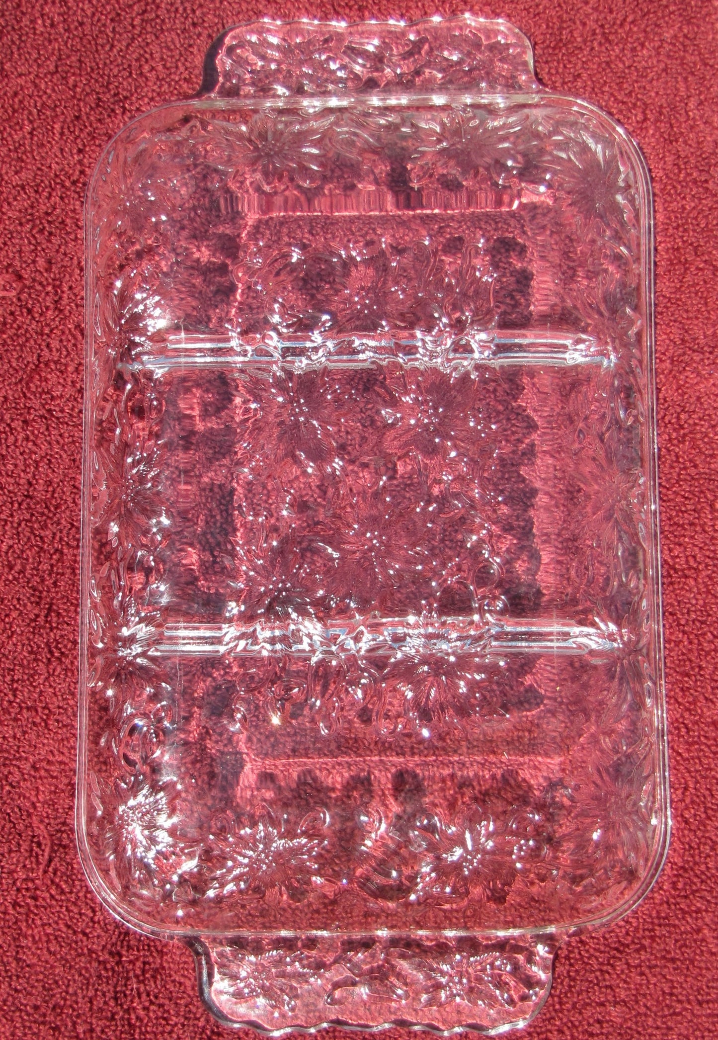 Glass Serving Platter, 10 and 1/2" Rectangular with clear floral design and handles on either side