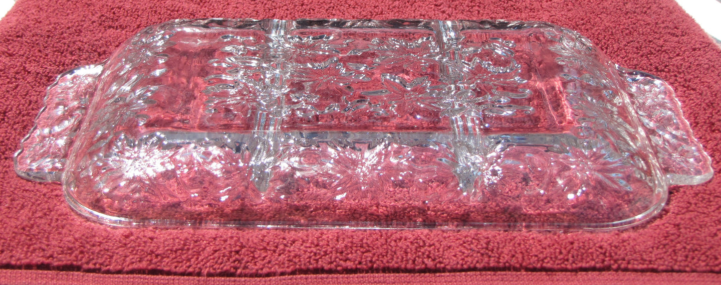 Glass Serving Platter, 10 and 1/2" Rectangular with clear floral design and handles on either side