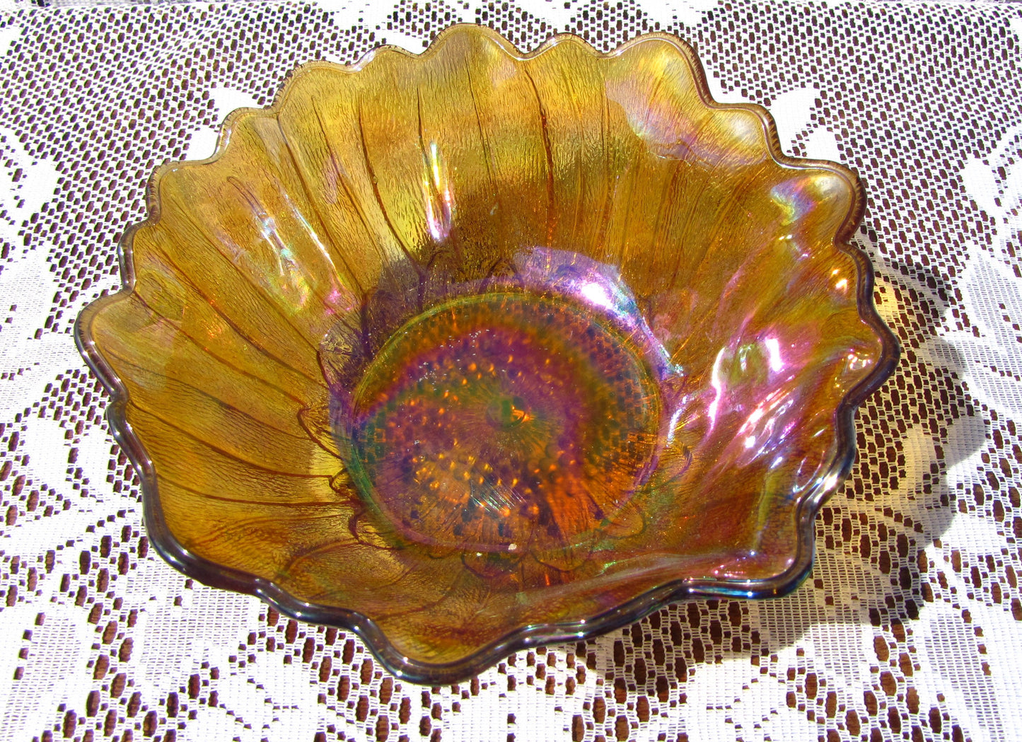 Amber Rainbow 7" Glass Serving Bowl (flower shaped)