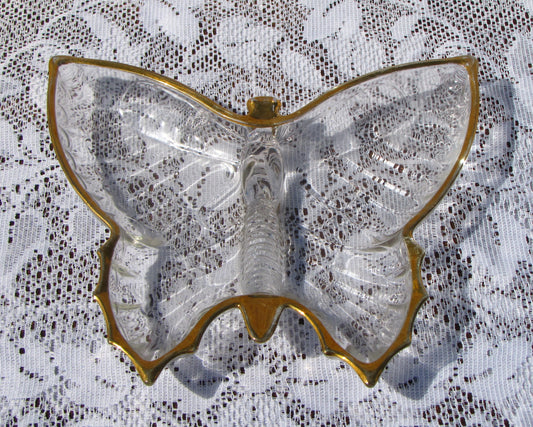 Vintage 1960's Glass Butterfly Dish with Gold-colored Trim