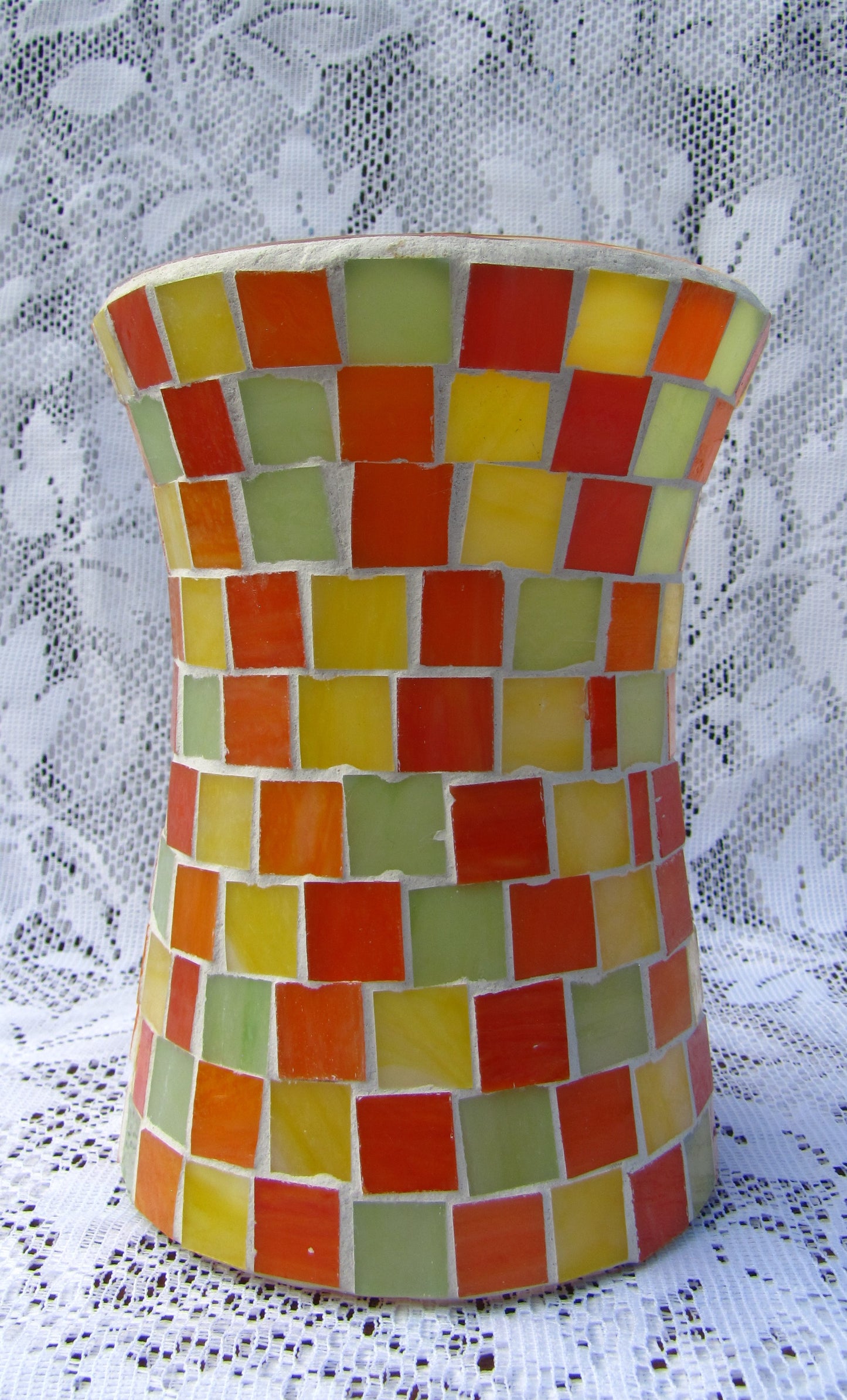 Large Vase in 7" Handmade Mosaic Squares of red, orange, yellow, and light green