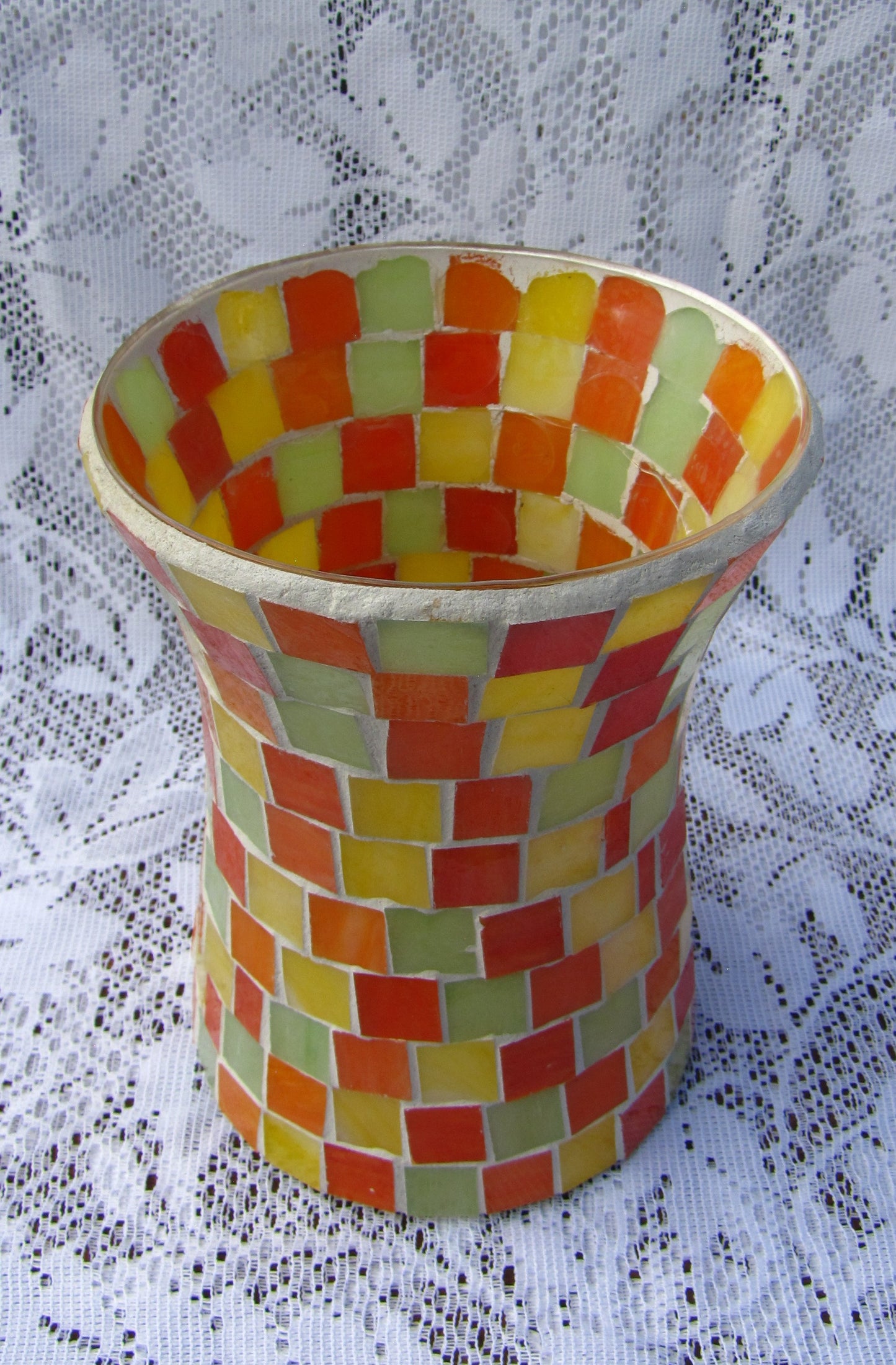 Large Vase in 7" Handmade Mosaic Squares of red, orange, yellow, and light green