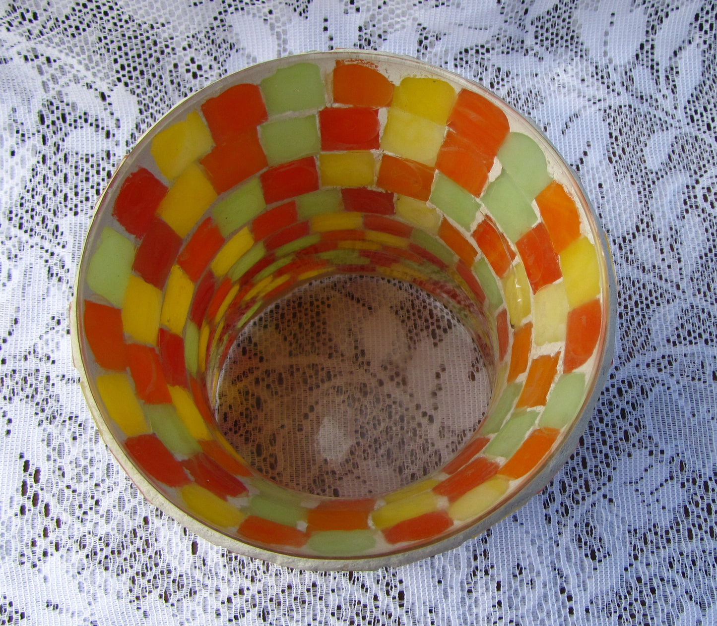 Large Vase in 7" Handmade Mosaic Squares of red, orange, yellow, and light green